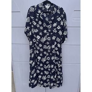 Vtg 90s Black White Sun Swirl Print Shirt Dress 1X Made In USA Button Front Boho